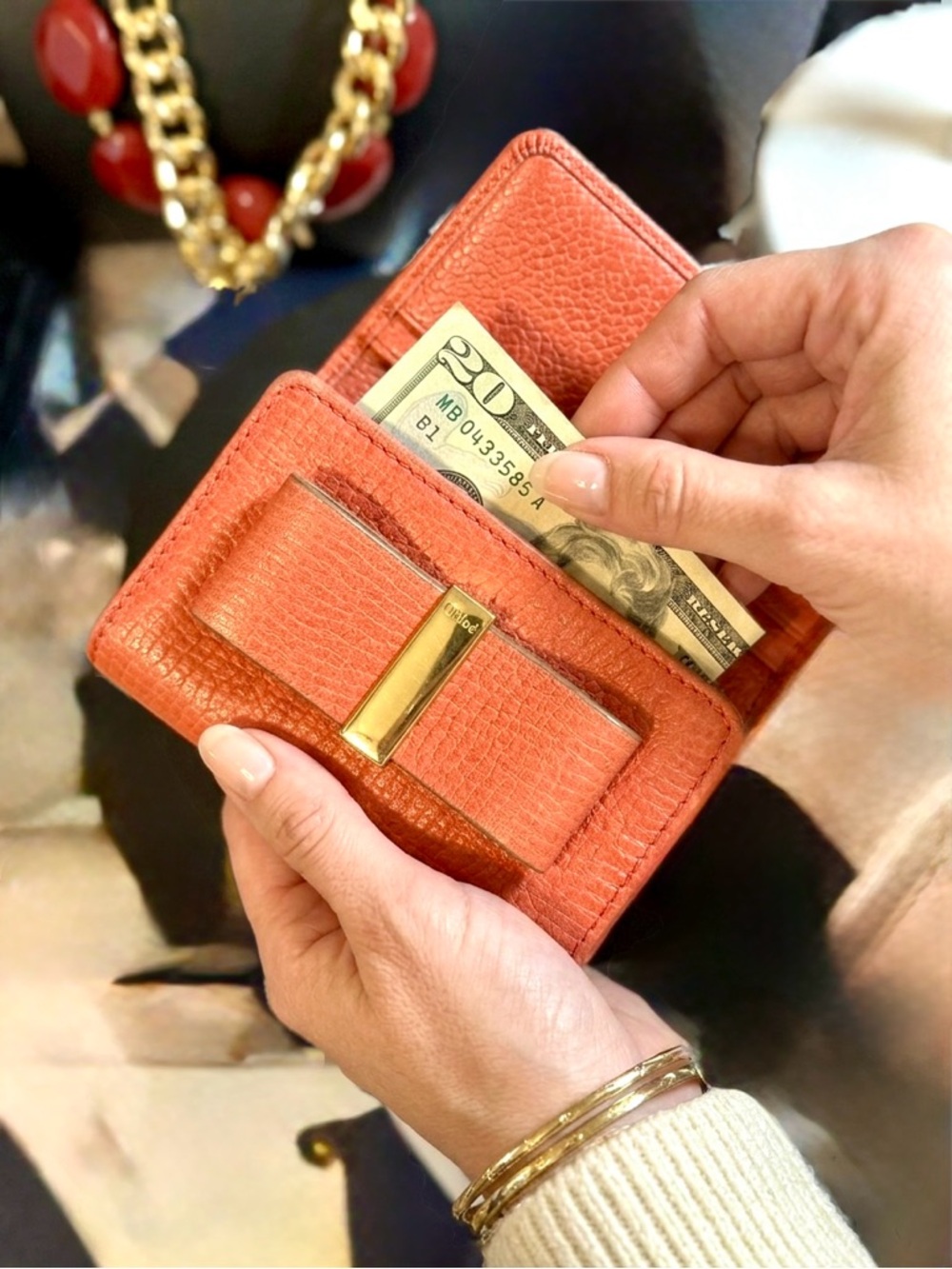Chloé Bobbie Bow Tri-Fold Wallet Orange Pebbled Leather Gold Accent